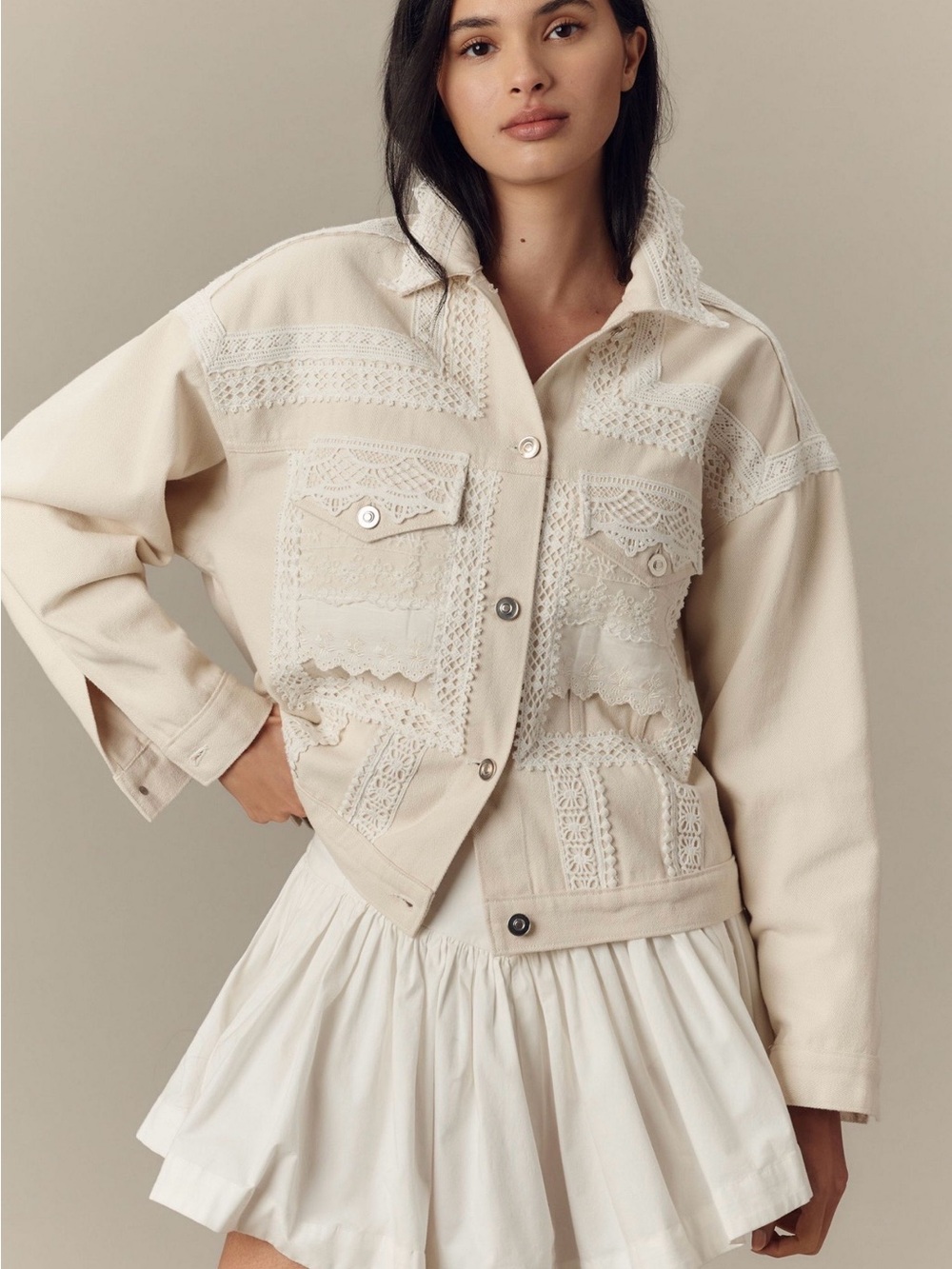 Anthropologie Lace Denim Trucker Jacket